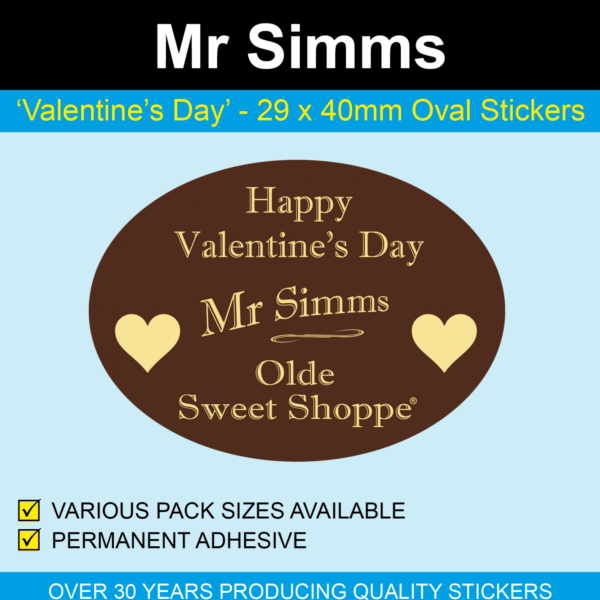 Mr Simms Stickers - 29 x 40mm Ovals - Happy Valentine's Day