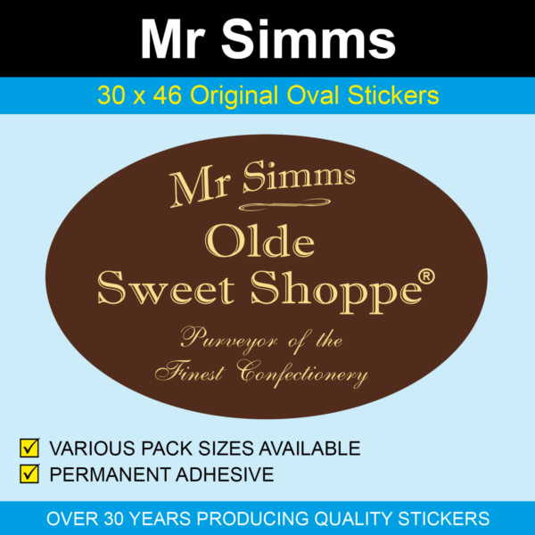 Mr Simms Stickers - 30 x 46mm Ovals - Purveyor of the Finest Confectionary