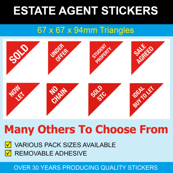 Removable Adhesive - Estate Agent Stickers - 67 x 67 x 94mm Triangles