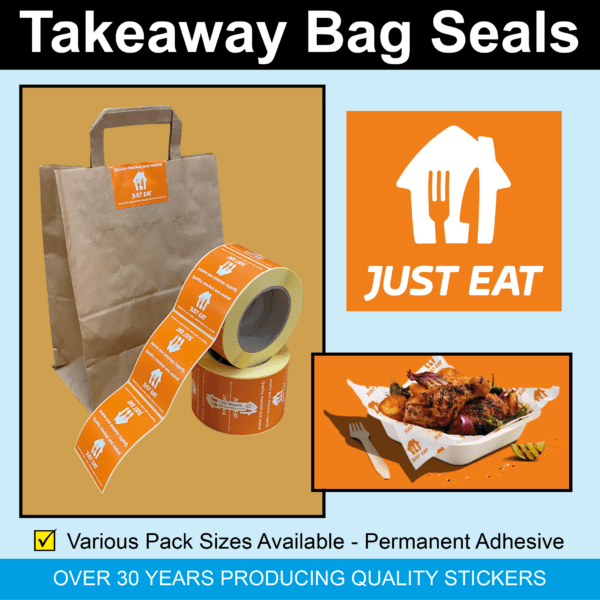 Just Eat Takeaway Bag Seals - 80 x 100mm Stickers / Labels